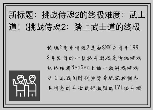 新标题：挑战侍魂2的终极难度：武士道！(挑战侍魂2：踏上武士道的终极之路！)